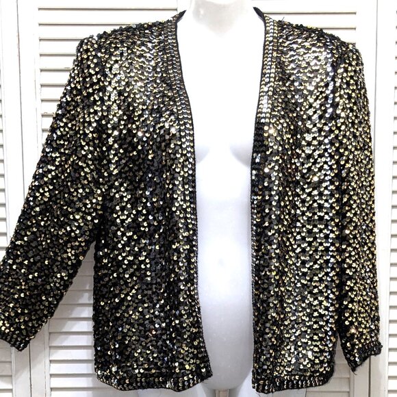 70s Sequin Crochet Cardigan Party Collectibles Size 10 Gold Silver Disco - Picture 3 of 16